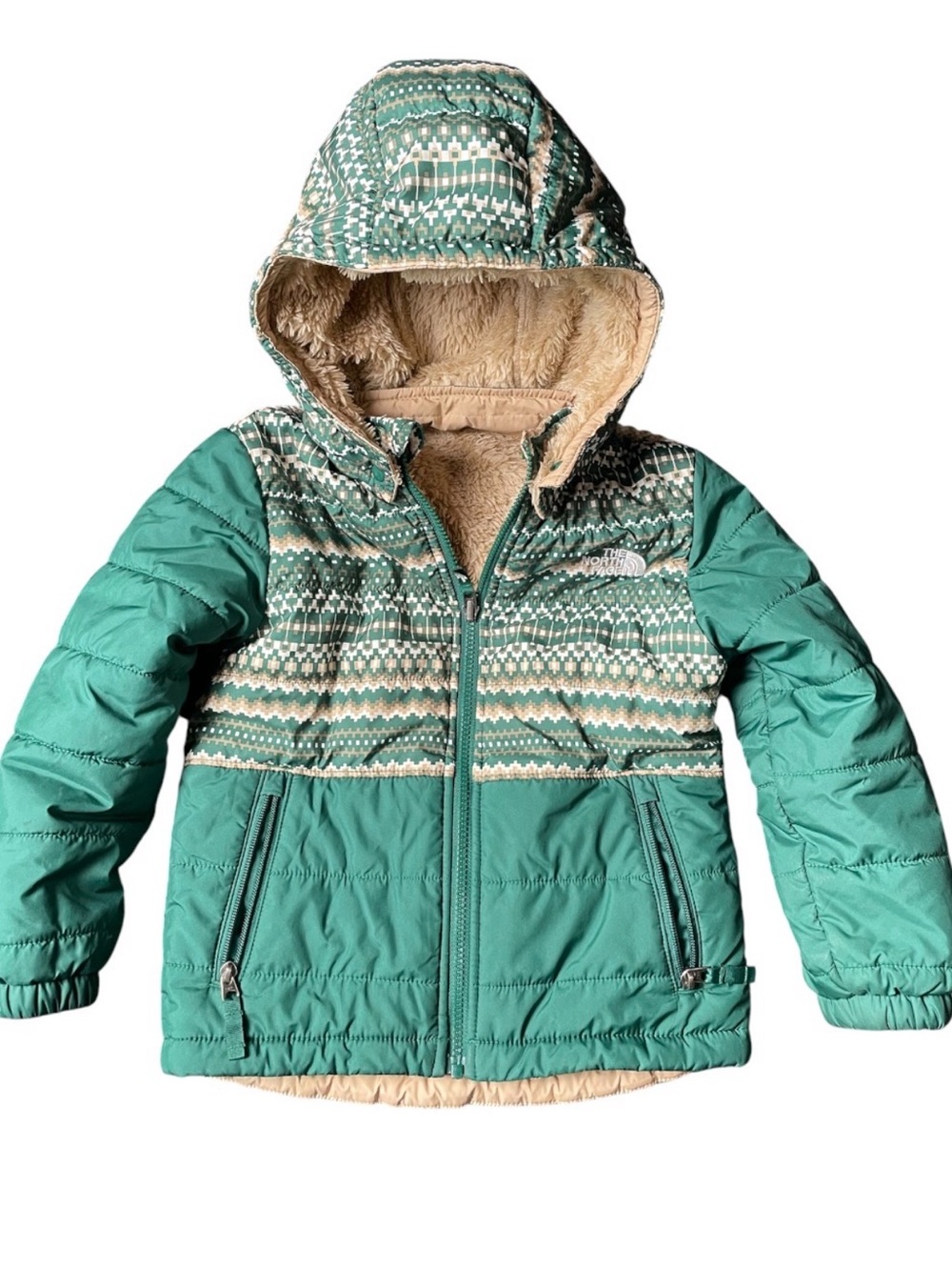 The North Face Boys Reversible Fleece Hooded Jacket – Green Fair Isle
